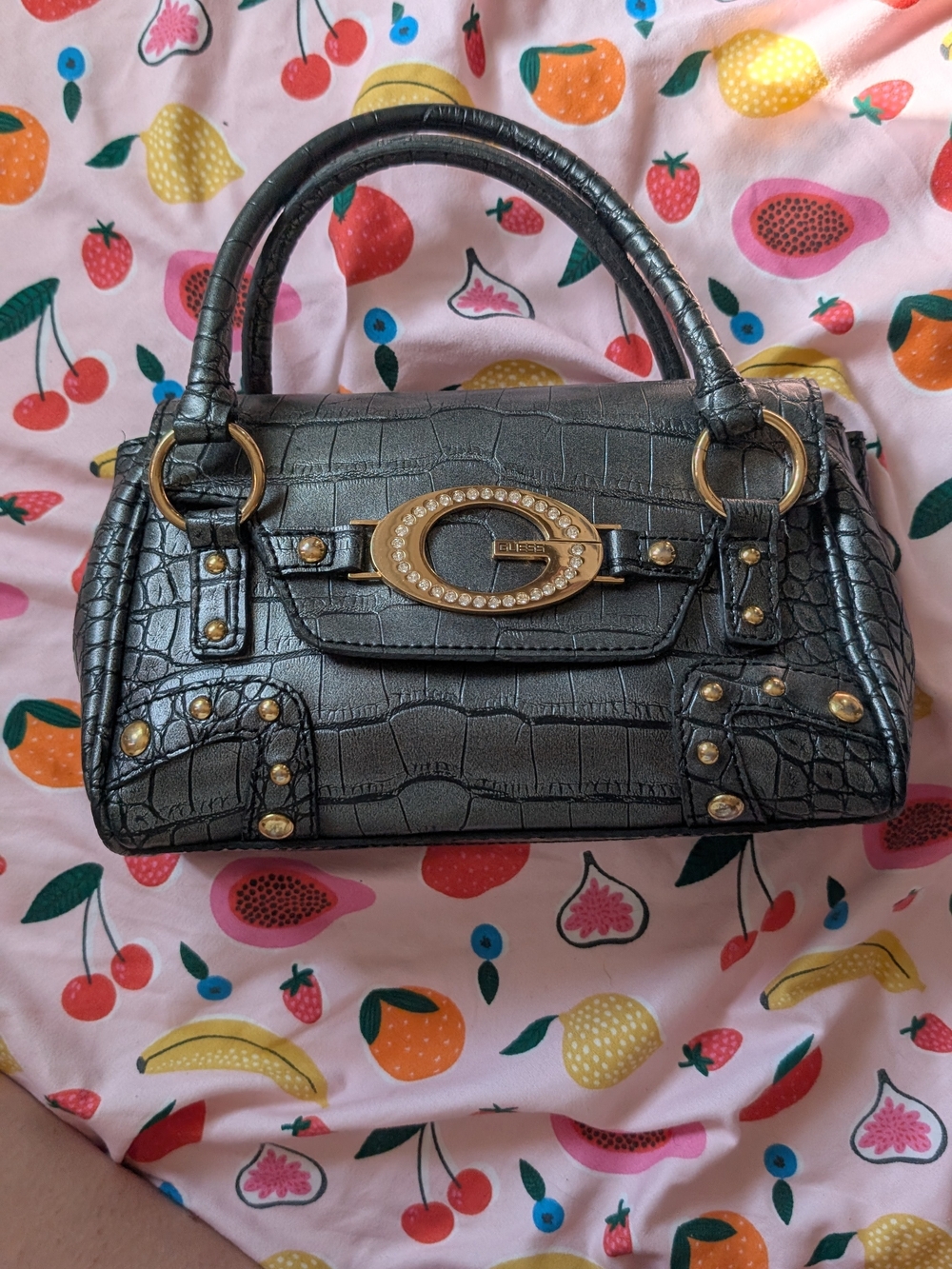 Y2k Mini Guess Black Metallic Croc-Embossed Satchel Handbag with Gold Hardware